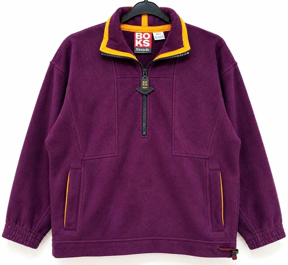 Reebok BOKS Mens L Purple Yellow Fleece 1/4 Zip Pullover Sweatshirt Pockets